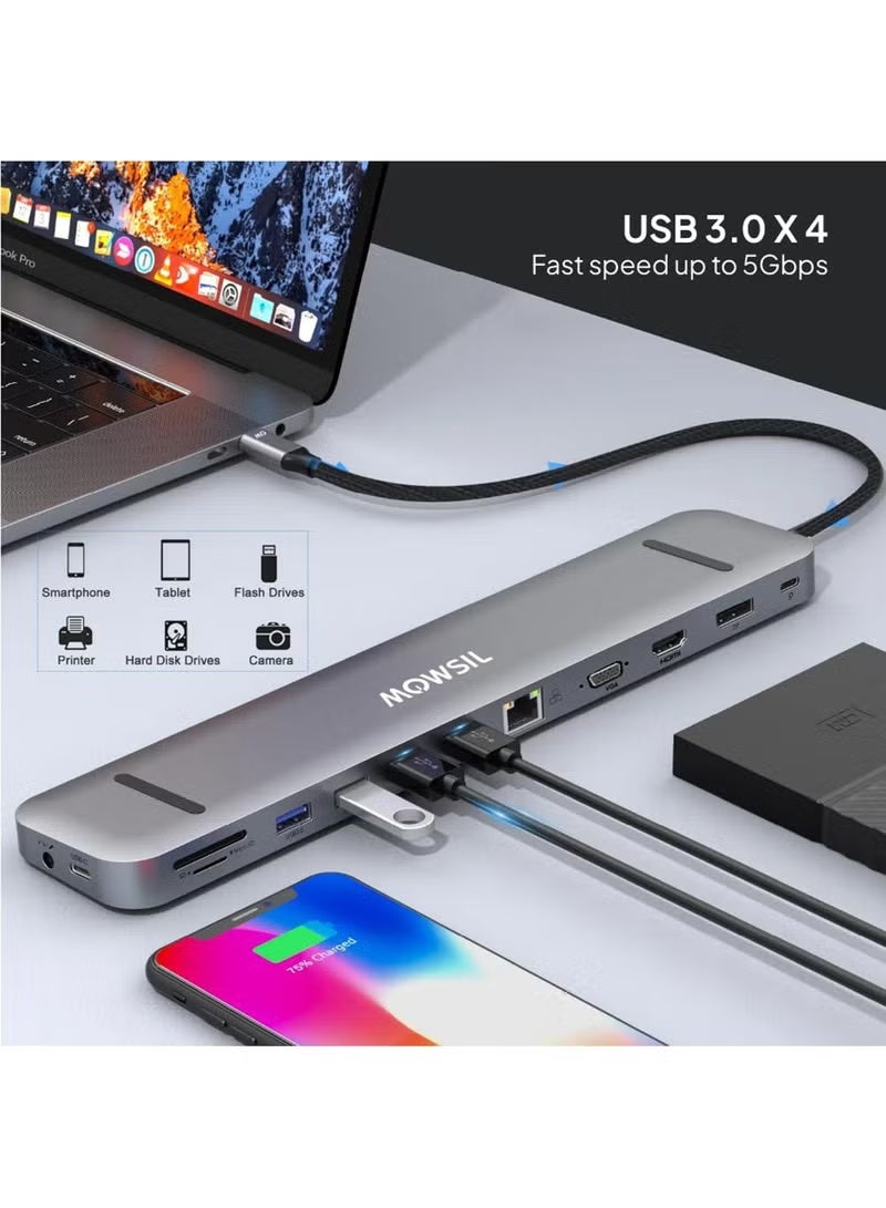 MOWSIL محطة إرساء USB C من موصل 13 في 1 مع شحن PD بقوة 100 واط (65 واط لجهاز الكمبيوتر)، 1 HDMI، منفذ عرض، إيثرنت، قارئ بطاقات TF/SD، مقبس صوت 3.5 مم و 4 USB 3.0، محطة Type C لنظامي ويندوز وماك أو إس - Image 4